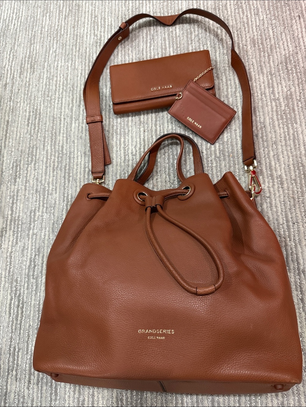 Cole Haan Brown Pebbled Leather Drawstring Tote with Wallet & Card Case